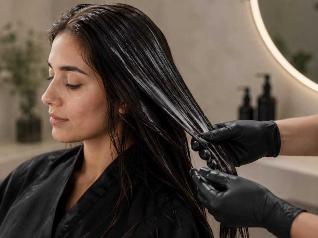 Collagen protein treatment applied to dry weak winter hair to add lightweight hydration and improve flexibility