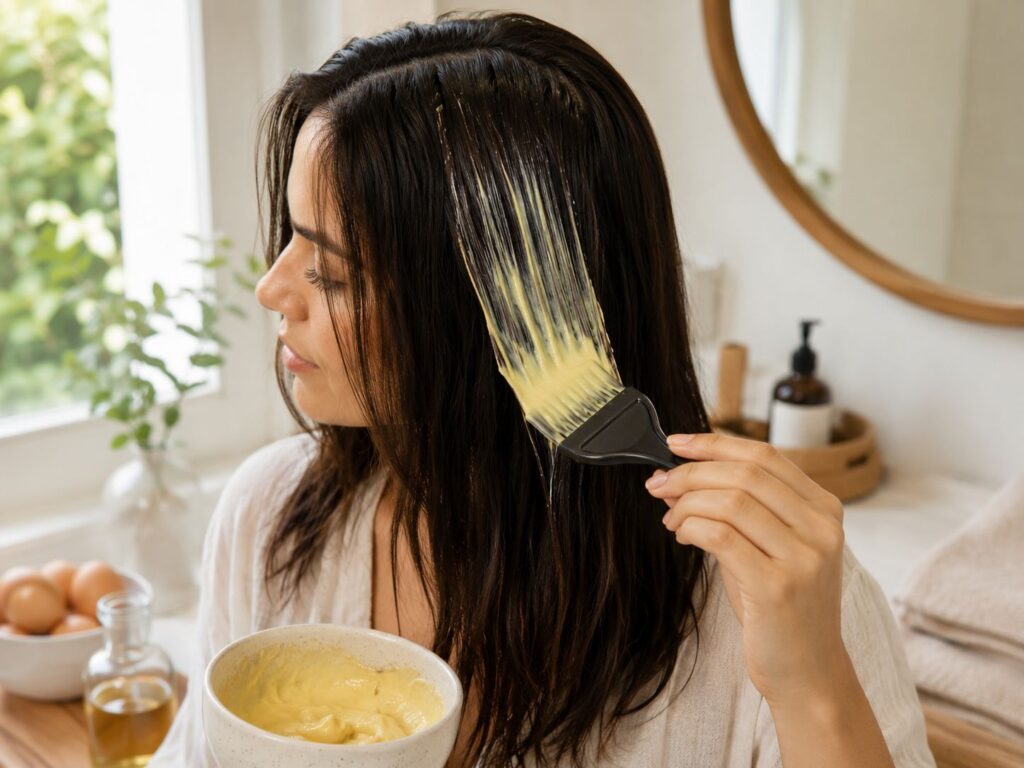 Natural egg-based protein hair mask applied to dull weak strands for gentle at-home hair strengthening support