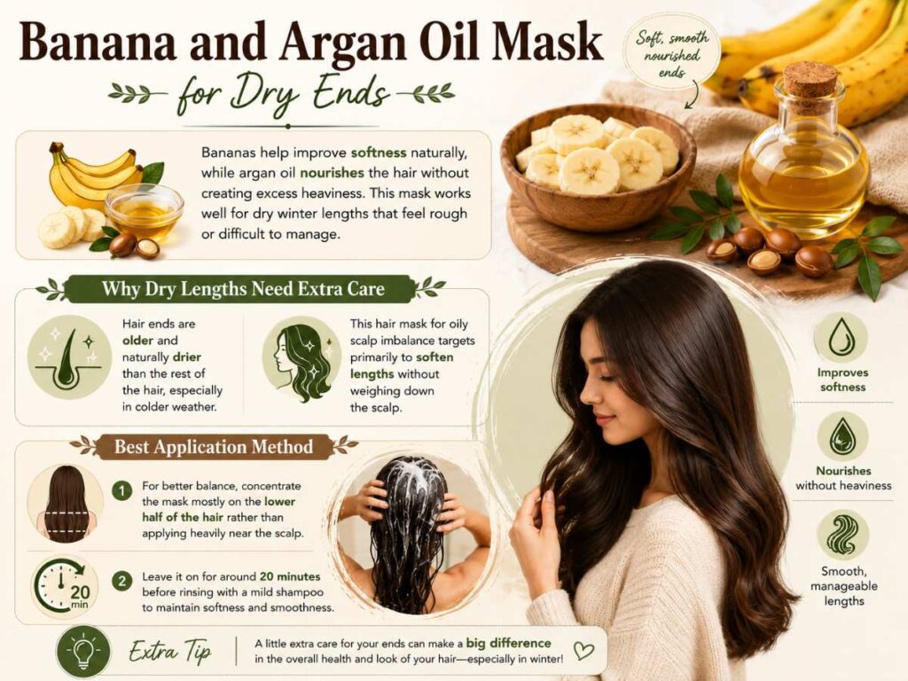 Hair masks for oily scalp balance using banana and argan oil to soften dry winter ends without weighing down roots