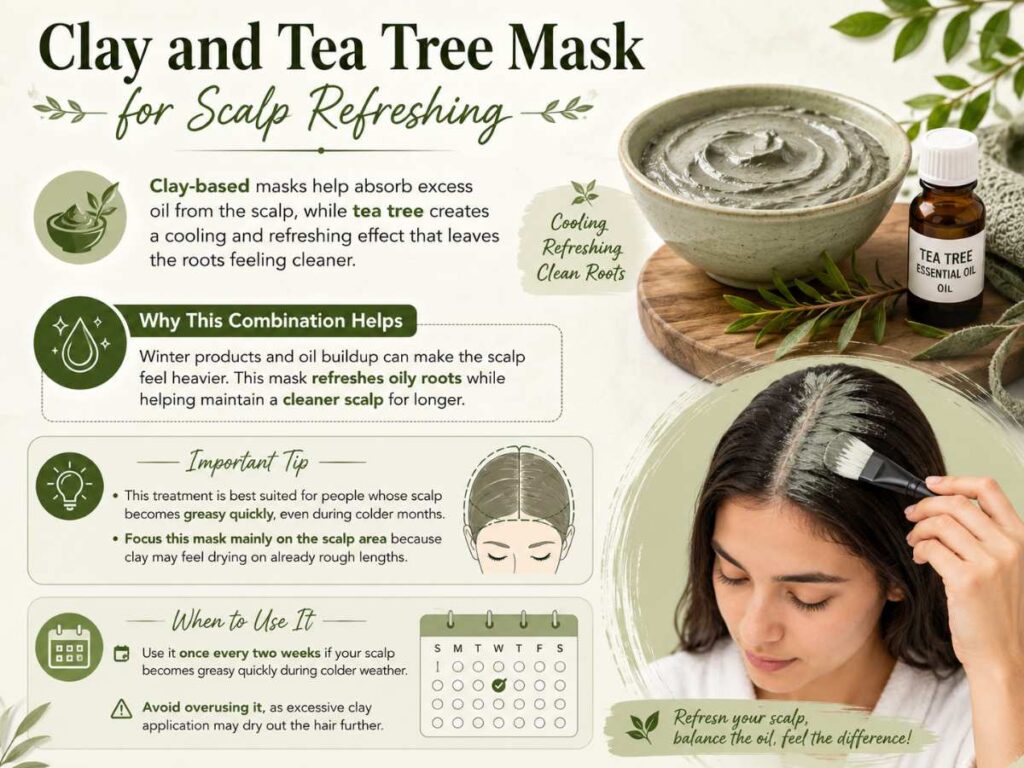 Hair masks for oily scalp using clay and tea tree to absorb excess oil and refresh greasy roots in cold winter weather