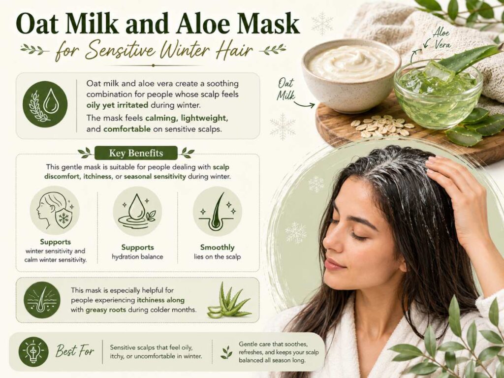 Hair masks for oily scalp using oat milk and aloe to soothe itchy, sensitive winter scalps while balancing greasy roots
