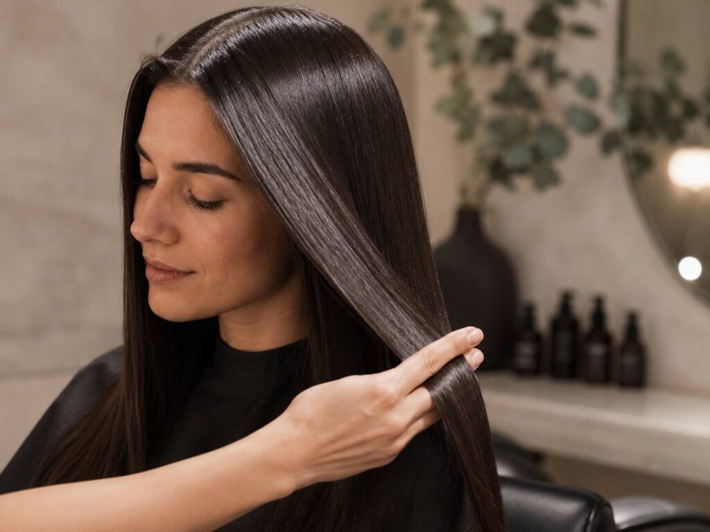 Keratin protein treatment smoothing frizzy hair into sleek shiny strands during a salon hair strengthening session