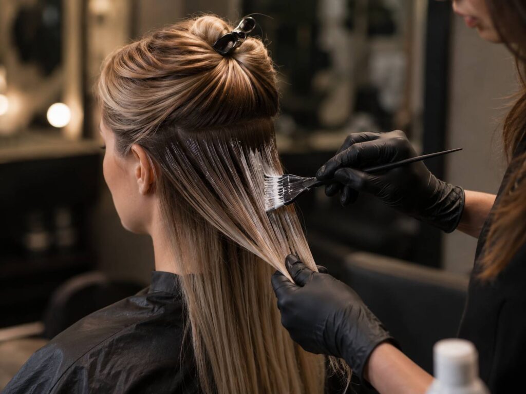 Stylist performing a professional bond repair protein treatment on over-processed bleached hair in a luxury salon