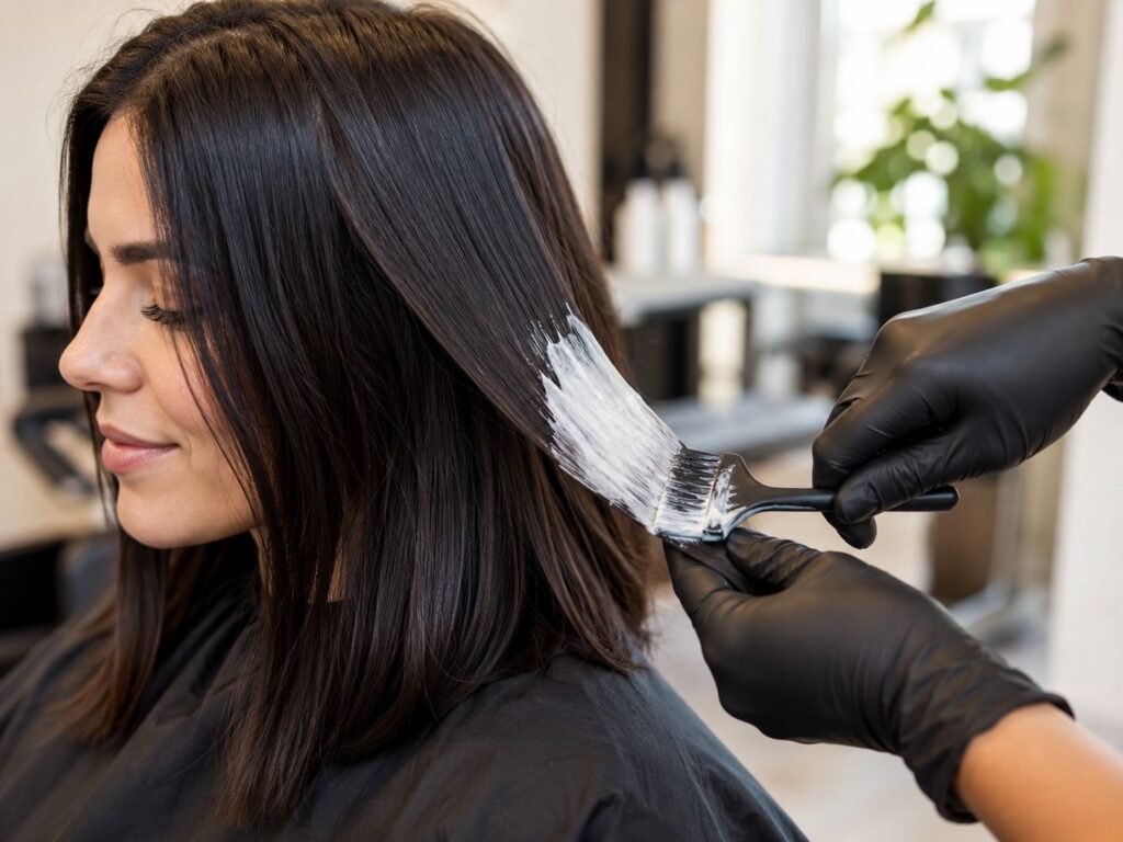 Stylist applying a creamy protein treatment to a woman's glossy dark hair in a salon to strengthen and repair strands